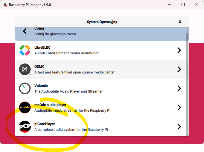 Raspberry Pi imager - wybór systemu